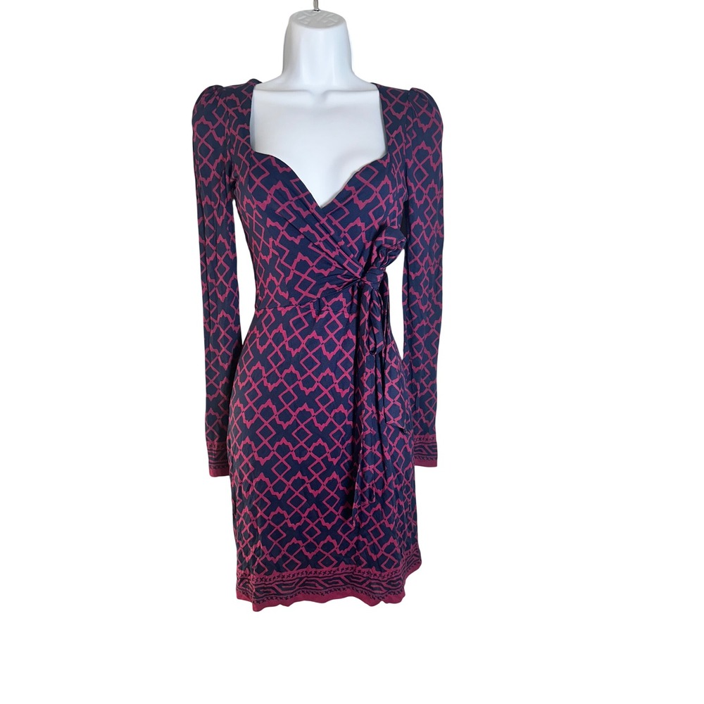 French Connection Navy Pink Geometric Faux Wrap Long Sleeve Mini Dress Size 2
